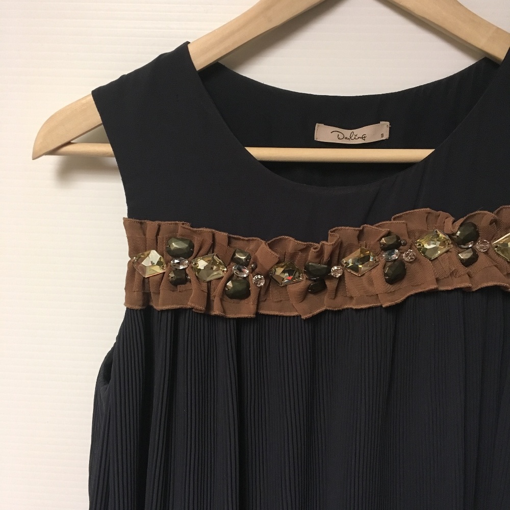 Anthro Navy Pleated Darling Shift Dress Rhinestone - Picture 2 of 5